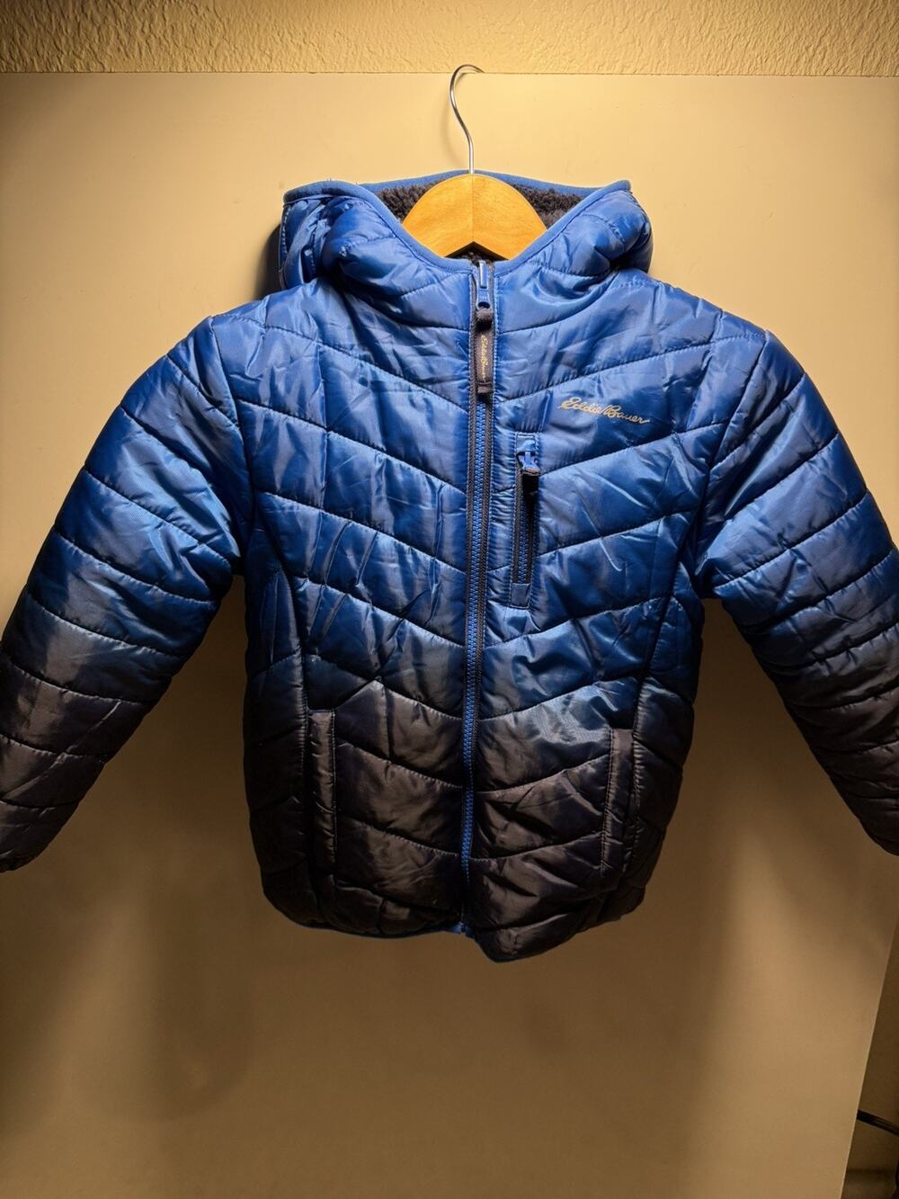 Eddie Bauer Jacket Boys Blue Puffer Full Zip Hood XS 5/6 Blue Ombré Reversible